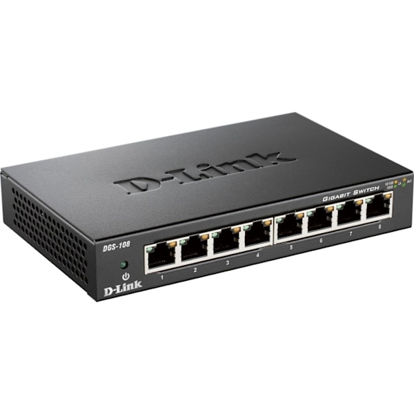 D-Link Gigabit Ethernet Switch, 8x10/100/1000Mbps, metalkabinet, sort Sort