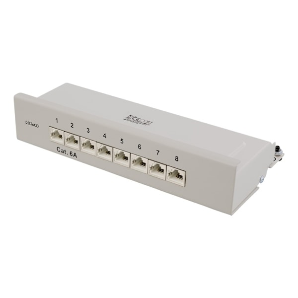 DELTACO Patchpanel, 8xRJ45, Cat6a, väggmonterbar, 10Gbps, grå Grå