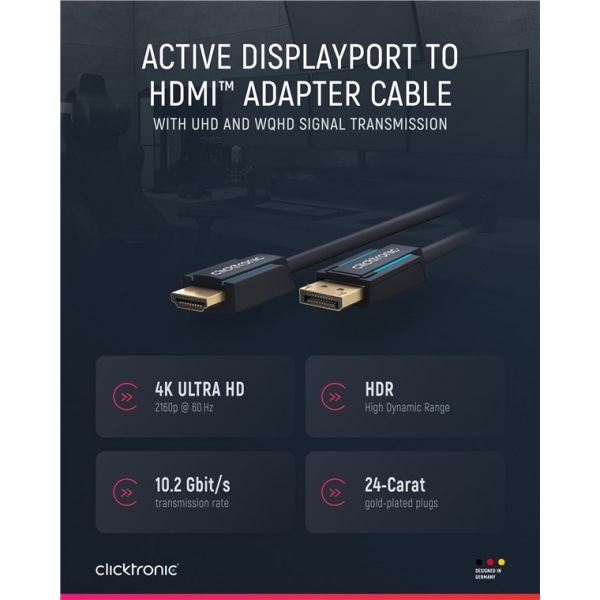 ClickTronic Adapterkabel för aktiv DisplayPortâ„¢ till HDMIâ„¢ (4K/60Hz) Premiumkabel | 1x DisplayPortâ„¢-kontakt >> 1x HDMIâ„¢-kontakt | 5,0 m | 4K @