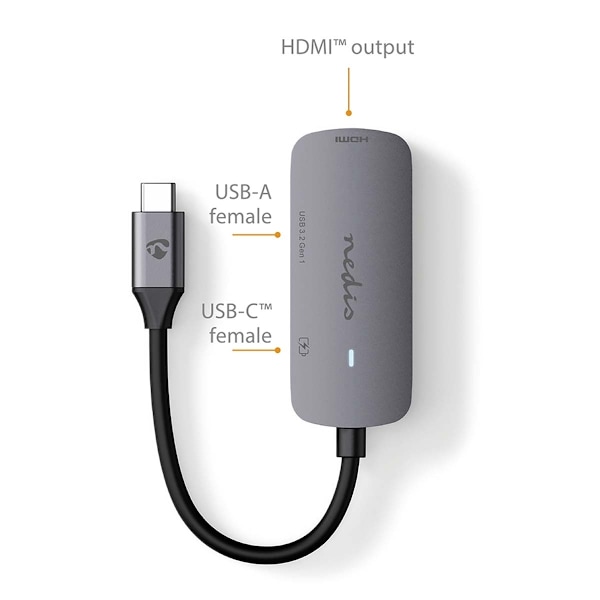 Nedis USB Multi-Port Adapter | USB 3.2 Gen 1 | USB-C™ Hane | HDMI™ Utgång / USB-A Hona / USB-C™ Hona | 5 Gbps | 0.10 m | Rund | Nickelplaterad | PVC |