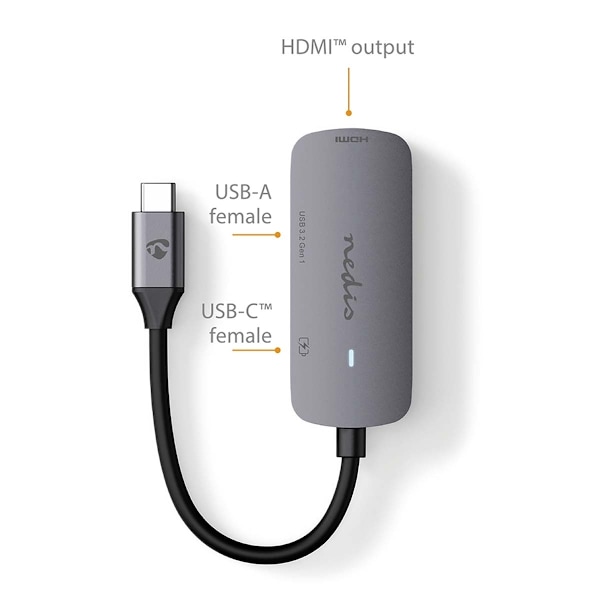 Nedis USB N Moniporttisovitin | 3-in-1 | USB 3.2 Gen 1 | USB-C™ Uros | HDMI™ Ulostulo / USB-A Naaras / USB-C™ Naaras | 5 Gbps | 0.10 m | Pyöreä | Nikl