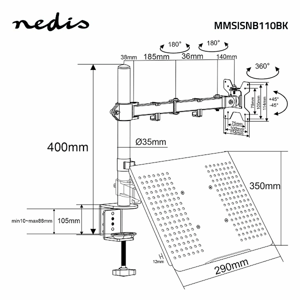 Nedis Monitorin Pöytäteline | Notebook | 1 näyttö | 15 - 32 " | 75x75 / 100x100 | Interaktiivinen