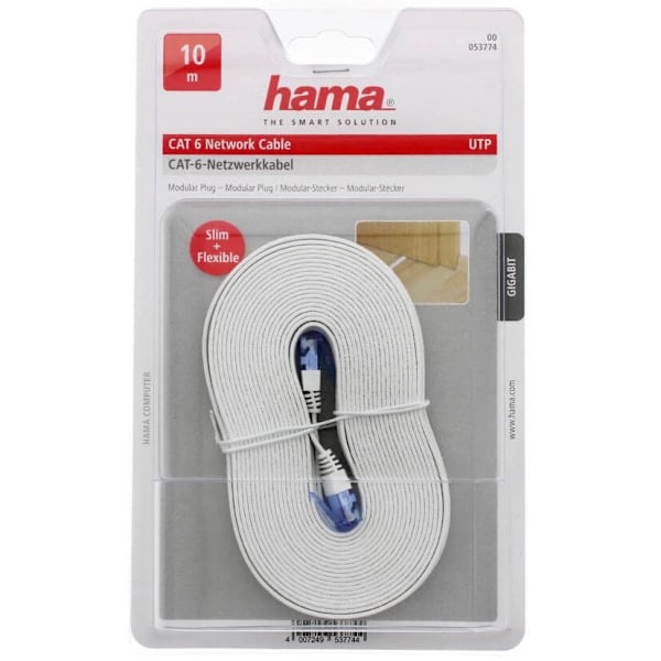 Hama Kaapeli Verkko CAT6 UTP Litteä Valkoinen 10m