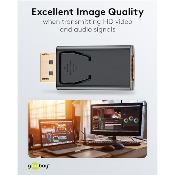 Goobay DisplayPort™/HDMI™-adapter 1.1, Guldpläterad Displayport™ plugg > HDMI™-uttag (typ A)