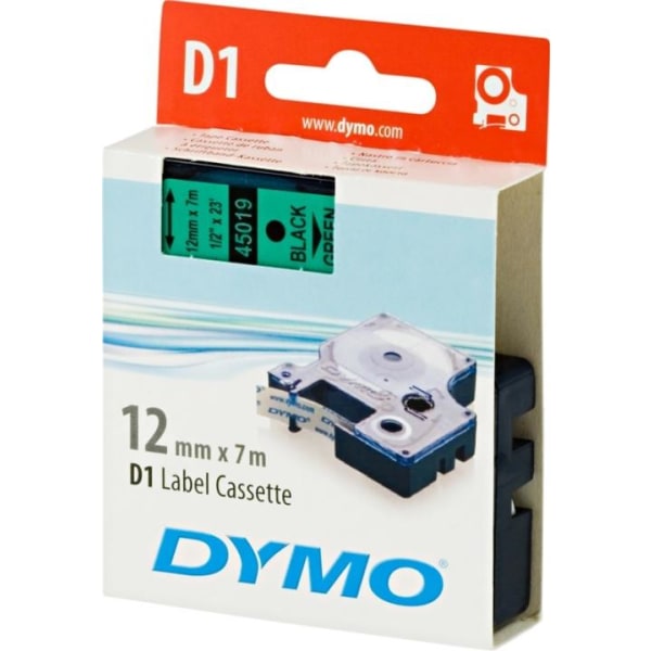DYMO D1 märktejp standard 12mm, svart på grönt, 7m rulle (45019)