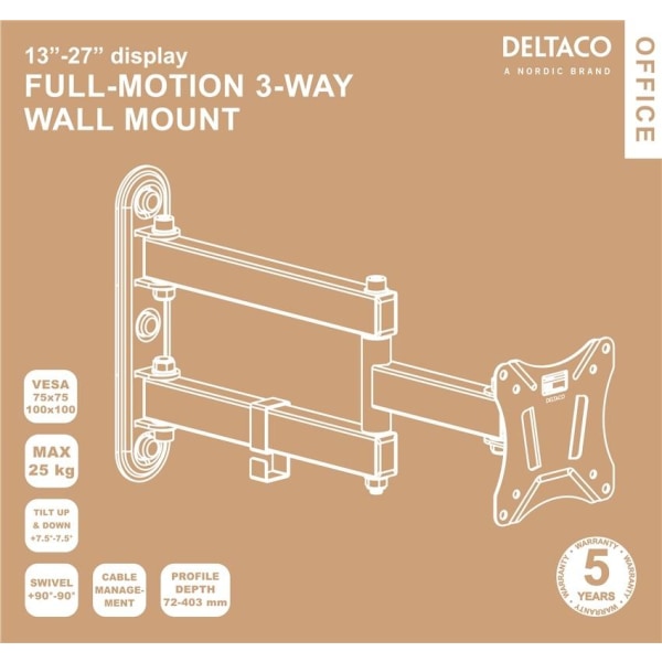 DELTACO Office, full-motion 3-way wall, 13"-27", 25kg, 75x75-100-100