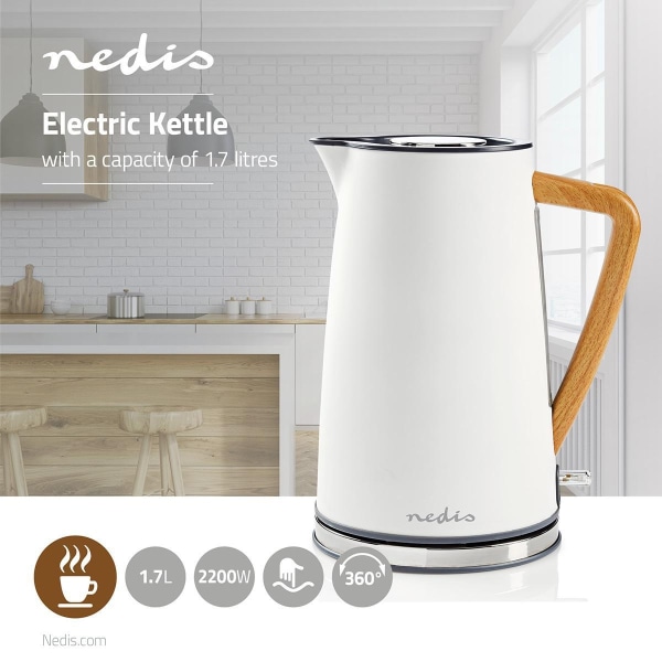 Nedis Elkedel | 1.7 l | Soft-Touch | Hvid | Drejelig 360 grader | Skjult varmeelement | Strix®-controller | Beskyttelse mod kogetørring