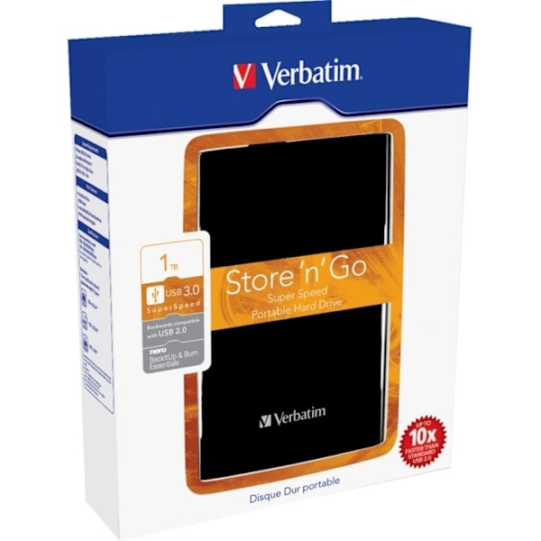 Verbatim Store'n'Go, ekstern harddisk, 1TB, 2,5", USB 3.0, sort
