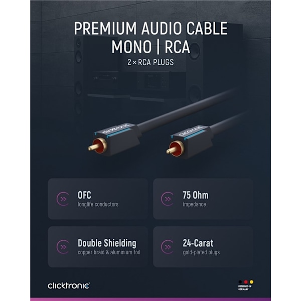 ClickTronic RCA-kabel, mono Premiumkabel | 1x cinch plug  1x cinch plug | 7,5 m | OFC innerledare