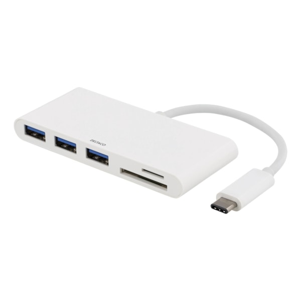 DELTACO USB 3.1 Gen 1 -hubi, USB-C, 3USB A, SD/microSD-lukija, valk.