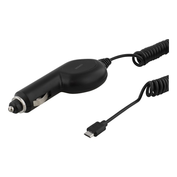 DELTACO Autolaturi, Micro USB, 1A, 12-24V, 1m kierrekaapeli, musta