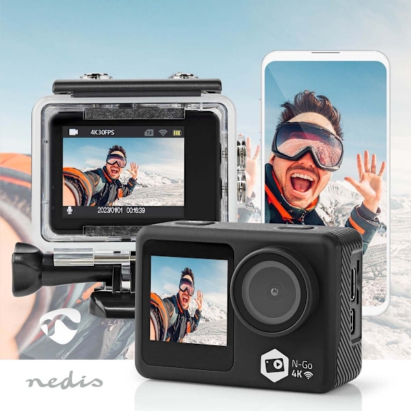Nedis Action Kamera | Dubbel Skärm | 4K@30fps | 16 MPixel | Vattentät upp till: 30.0 m | 90 min | Wi-Fi | App tillgänglig för: Android™ / IOS | Fästen