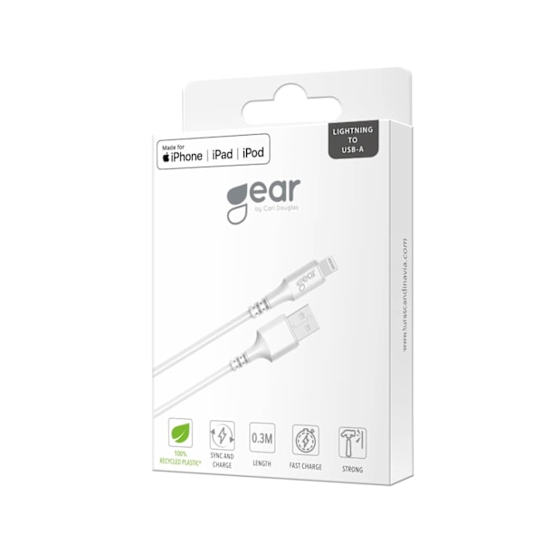 GEAR Rundt ladekabel Lightning til USB-A 0,3m Hvid MFI