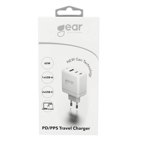 GEAR Laddare GAN 220V 2xUSB-C + 1xUSB-A PD/PPS 65W Vit