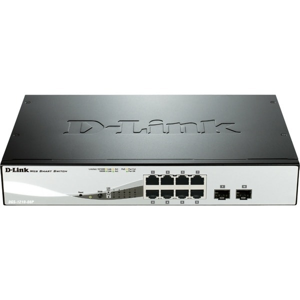D-Link netværksswitch, Layer 2, 10/100/1000BASE-TX, 8xRJ45, 2xSFP, Po Sort