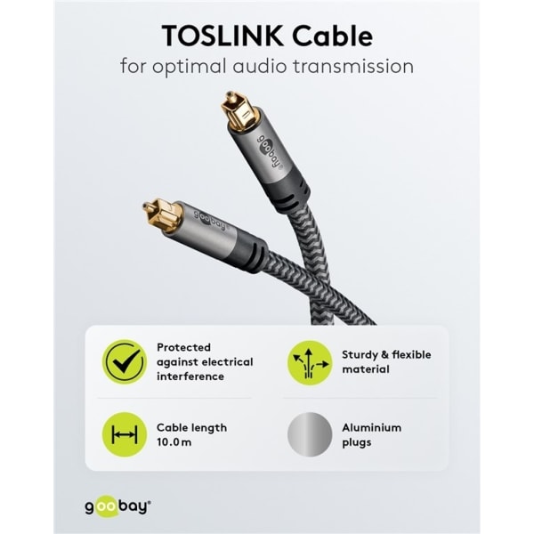Goobay TOSLINK-kabel, 10 m, Sharkskin Grey Toslink-kontakt > Tos
