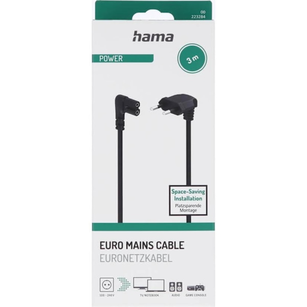 Hama Strømkabel vinklet Euro Plug Sort 3.0m