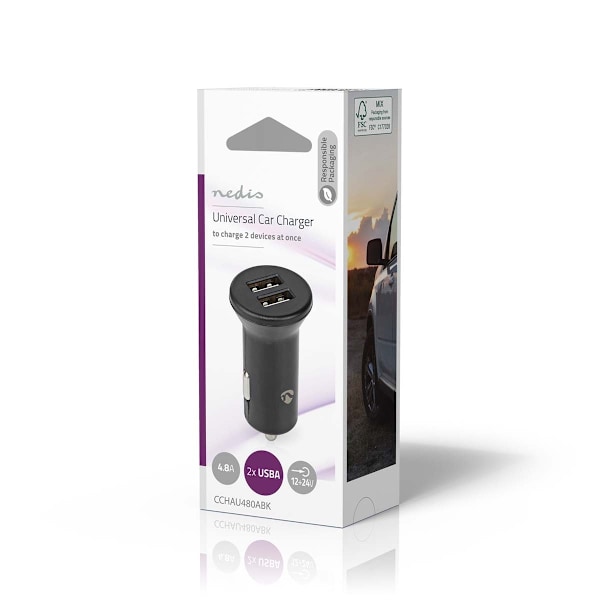Nedis Autolaturi | 24 W | 2x 2.4 A | Lähtöliitäntöjen määrä: 2 | Portin tyyppi: 2x USB-A | | Single Voltage Output