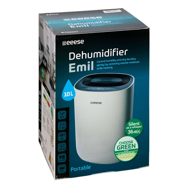 Emil - støjsvag affugter 40dB, 40m2, timer, 2 hastigheder, tørrefunktion