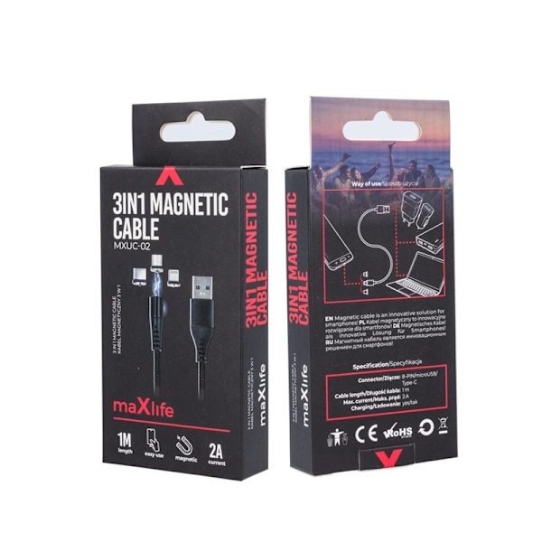 Maxlife MXUC-02 Magnetisk 3i1-Laddkabel (Lightning/USB-C/microUSB) Fast Charge (2A), Svart