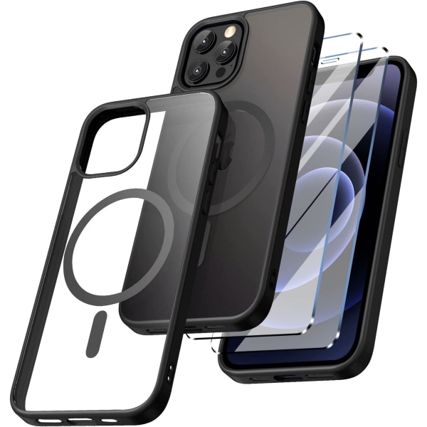 iPhone 12/12 Pro i transparent TPU-silikon hård + 2 9 H härdat glas, stötskydd, kristallklar (svart)