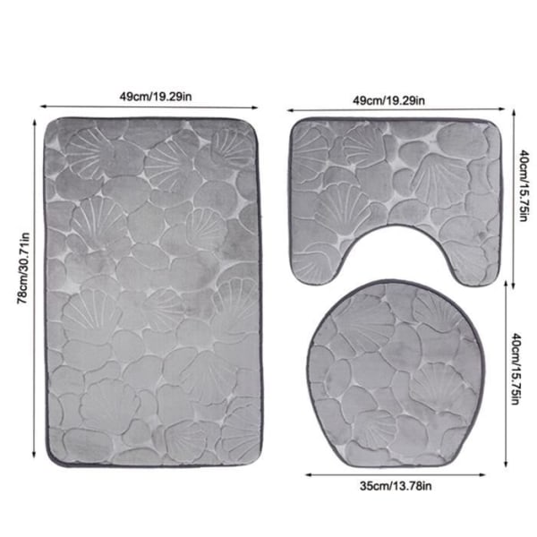 HURRISE Showe mattor 3st/set 3D Seashell printing dammtät vattenabsorberande badrumsmattor set (grå)