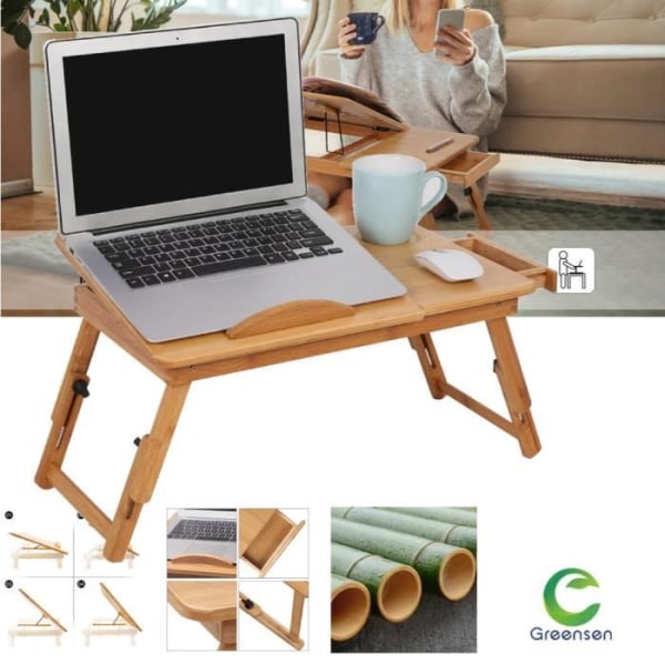 BEL Tabletthållare och ficka Bamboo Panel 53-58 cm Justerbar Vikbar Hållbar-6