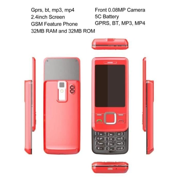 HURRISE Olåst Slider Telefon Olåst Slider Phone 2G GSM 1200mAh Batteri Mobiltelefon EU-kontakt Röd