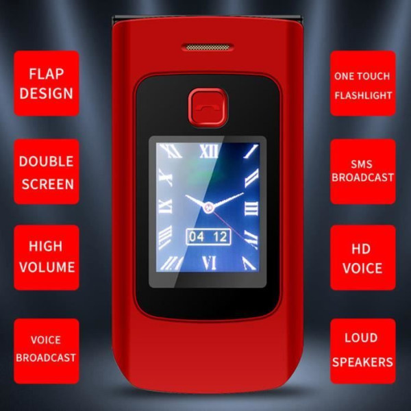 HURRISE Flip mobiltelefon för senior senior mobiltelefon med stort teckensnitt, stor skärm, högt ljud, telefon