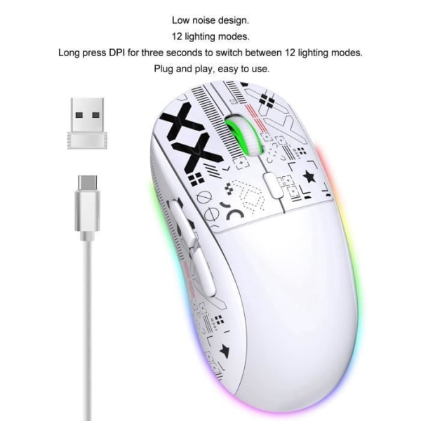 HURRISE Bluetooth Mouse 2.4G trådlös mus typ C Laddnings RGB-ljus 5 nivåer Dator DPI-mus Vit