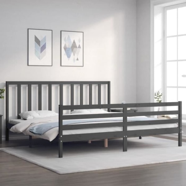 BEL-7076732360432-Sängstomme med grå sänggavel 200x200 cm massivt trä
