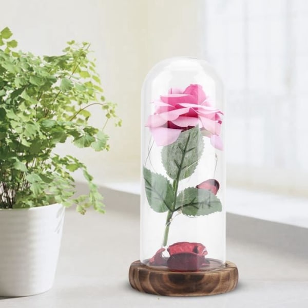 TMISHION Rose Flower med LED-ljus LED Rose Flower Lamp med glasskydd och träfot Alla hjärtans dag presentros