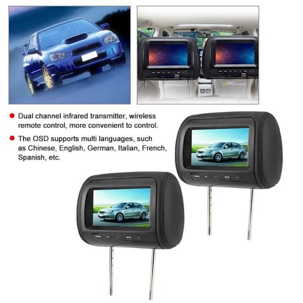 2ST 7 In Trådlöst justerbart Nackstöd LCD Videospelare USB MP5 Display - Svart - FRA