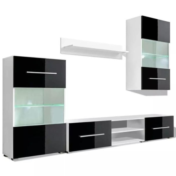 5-delat väggmonterat TV-skåp med svart LED-belysning - HURRISE - WEI - Svart och vitt - Matt - Dörr(ar)
