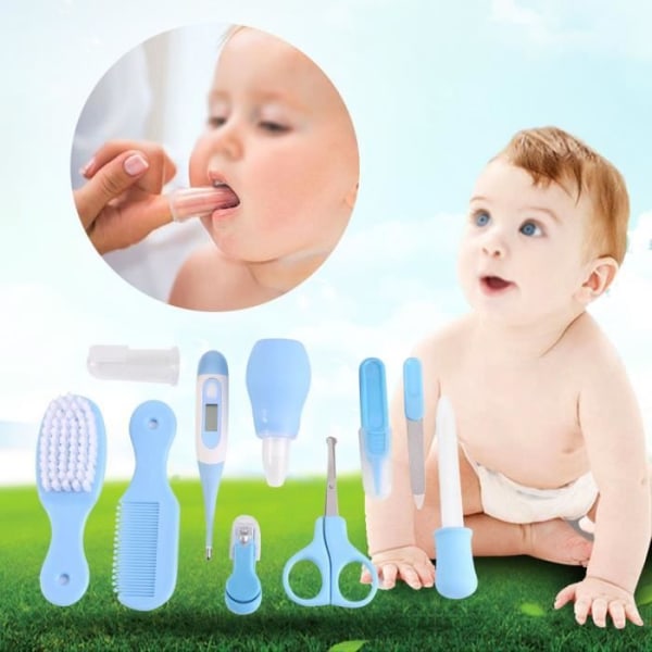 Set med 10 st Health Care for Newborn Baby Termometer Grooming Brush Kit (blå)