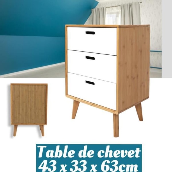 BEL Sängbord med 3 lådor - Material: Bambu + MDF-skiva - 43 x 33 x 63 cm-112