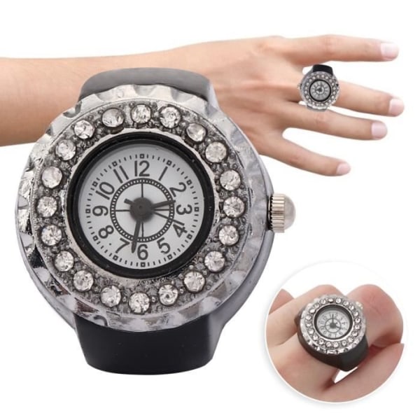 CEN Ring Finger Watch Shiny Rhinestone Dekoration Quartz Ring Watch for Women (svart)