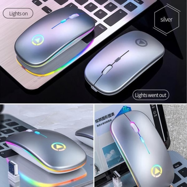 HURRISE Silent Wireless Mouse-kontakt Datorlampa Färgglad metallgrå andningslampa, uppladdningsbar version