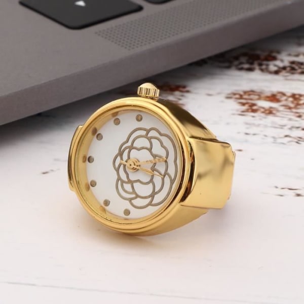 XUY Ring Urtavla Rund Urtavla Rose Flower Pattern Dam Quartz Finger Watch (Guld)