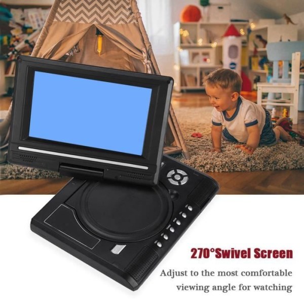 HURRISE Mobil DVD-spelare 7 tums bärbar DVD-spelare, laddningsbar skärm, billjudspelare, vridbar laddare, video
