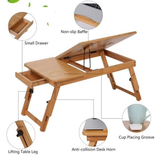 LIUX - Sängbricka för bärbar dator - Vikbar, fällbar med höjdjusterbara fötter - Tillverkad av naturlig och miljövänlig bambu