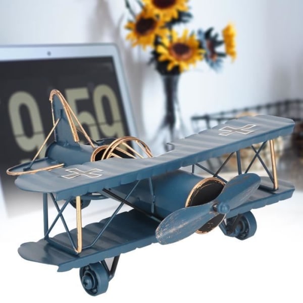 Xuyan Biplane Vintage smidesjärn flygplansmodell för fotorekvisita skrivbordsdekor (blå) - julklapp för män barn