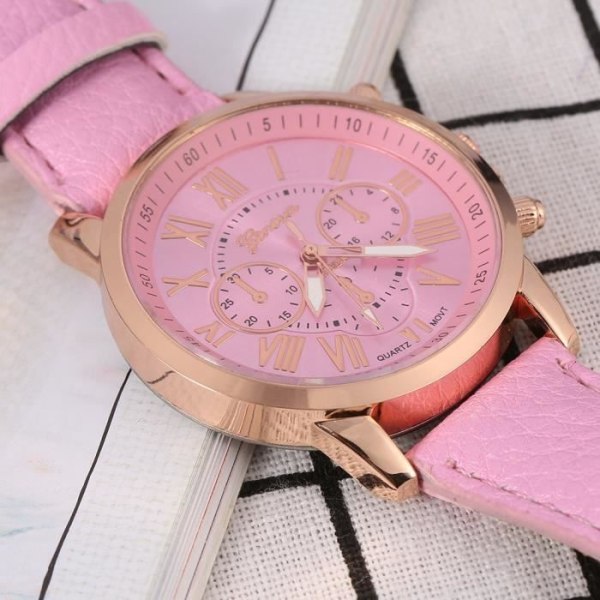 LIA Fashion Lady Pu Läderband Analog Quartz Watch Runt nummer Casual Armbandsur Rosa