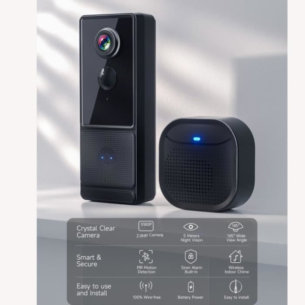 HURRISE Smart videodörrklocka trådlös dörrklockakamera, 5G WiFi, tvåvägs, natt, lång datortillbehör