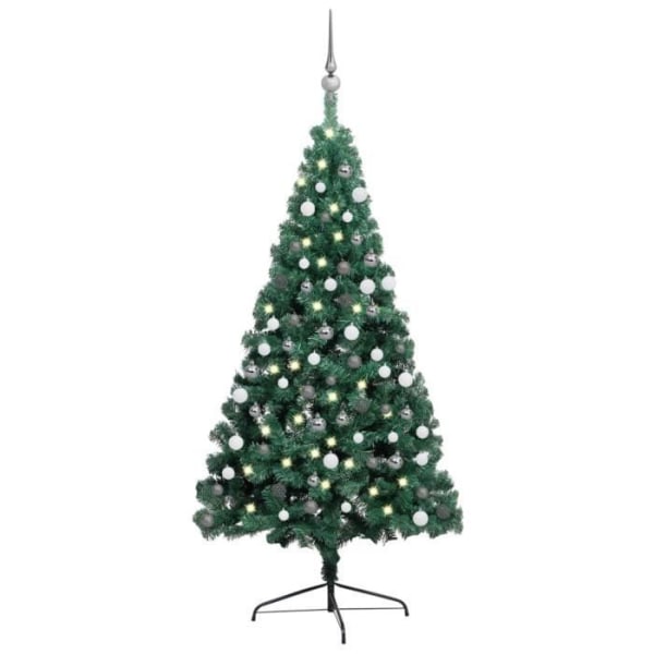 BEL-7029242335629-Halv konstgjord julgran med LED och bollar Grön 150 cm