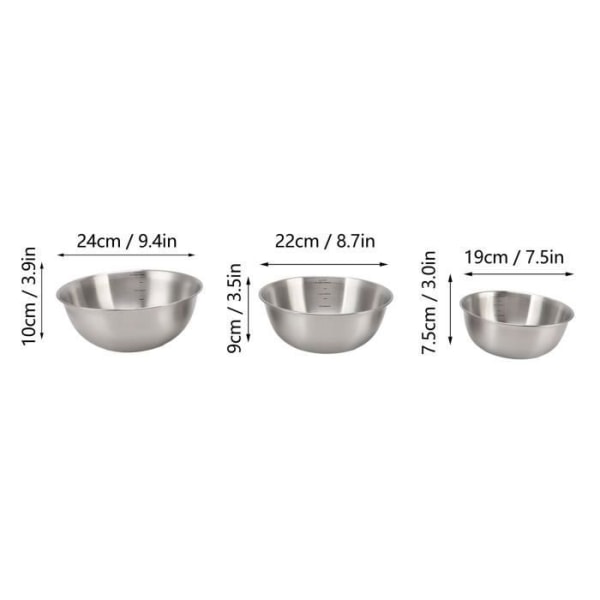 HURRISE Skålar i rostfritt stål 3-delade serveringsskålar för sallad Kvalitetsskålar i rostfritt stål Stapelbara blandningsskålar