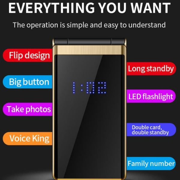 HURRISE Flip Mobiltelefon 2G 2.8in Flip Phone för äldre Dubbel SIM Dubbel Standby Lång Standbytid Multifunktion Multifunktion