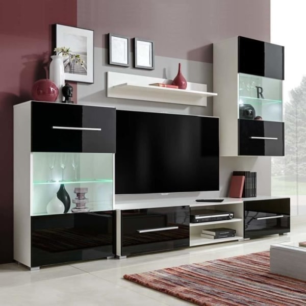 5-delat väggmonterat TV-skåp med svart LED-belysning - HURRISE - WEI - Svart och vitt - Matt - Dörr(ar)