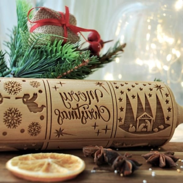 HURRISE Christmas Embossing Kavel Jul Födelsefödelsemönster Träkavel, med bordsset