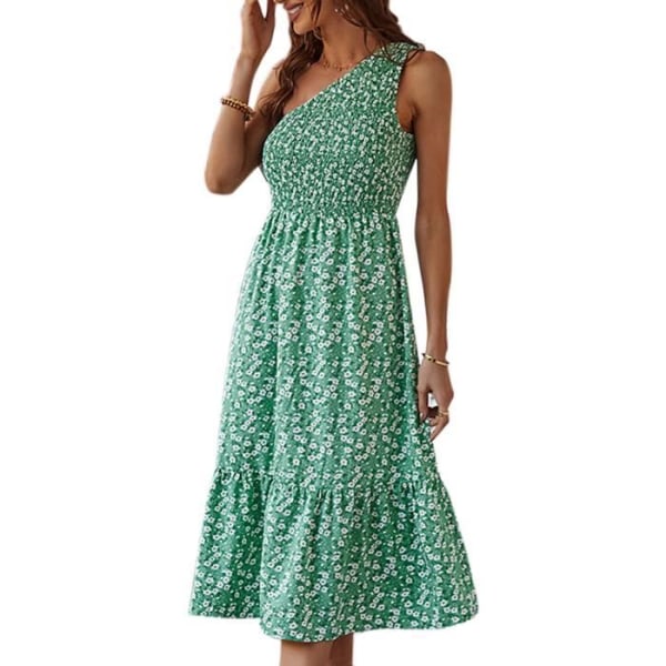 HURRISE klänning med blommigt tryck, sommar klänning med blommigt tryck för kvinnor Fritidsklänning med skarvad fåll, ärmlös Vestidos-klänning Grön